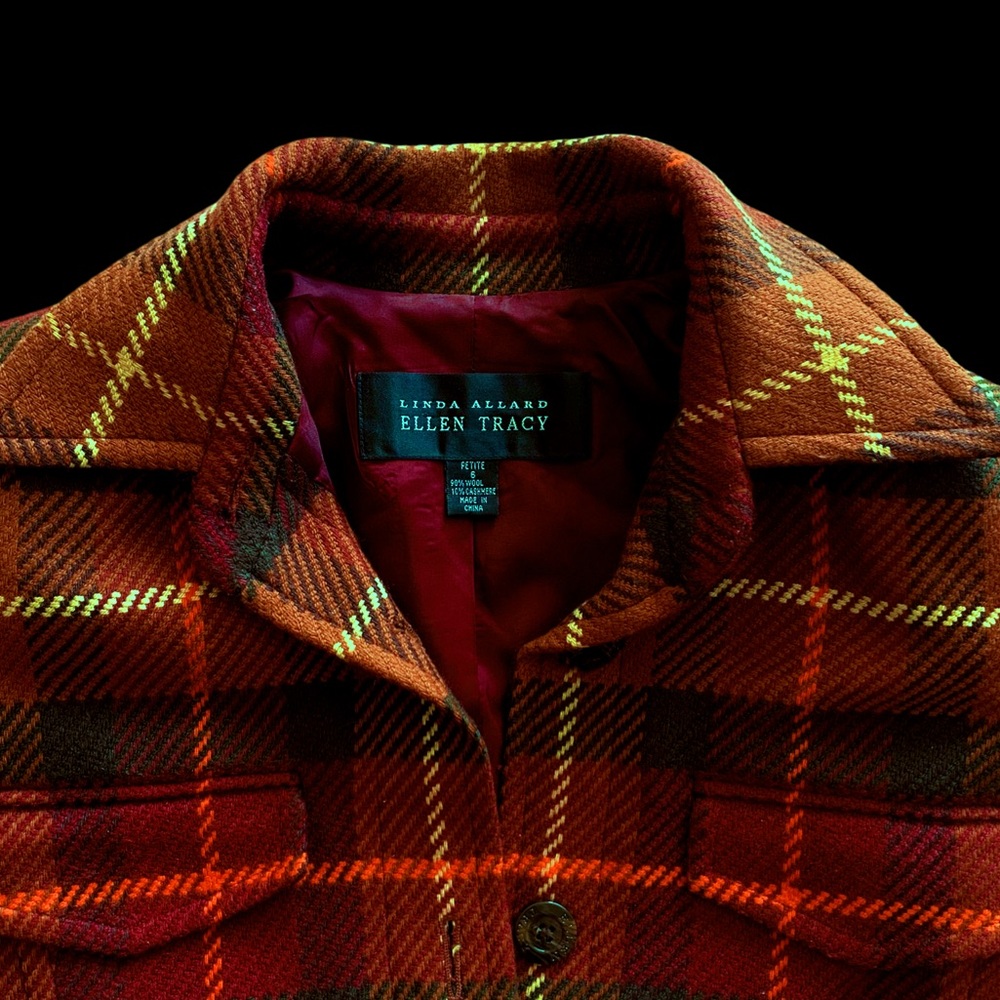 Linda Allard Ellen Tracy Pure Wool Silk Lined Tartan Plaid Blazer Button Up Coat - Picture 4 of 9